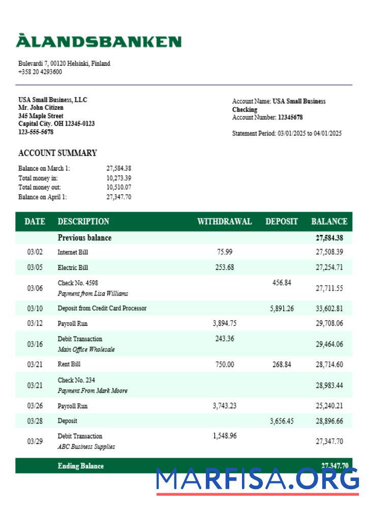 Realistic Aland bank firm account statement Word and PDF template